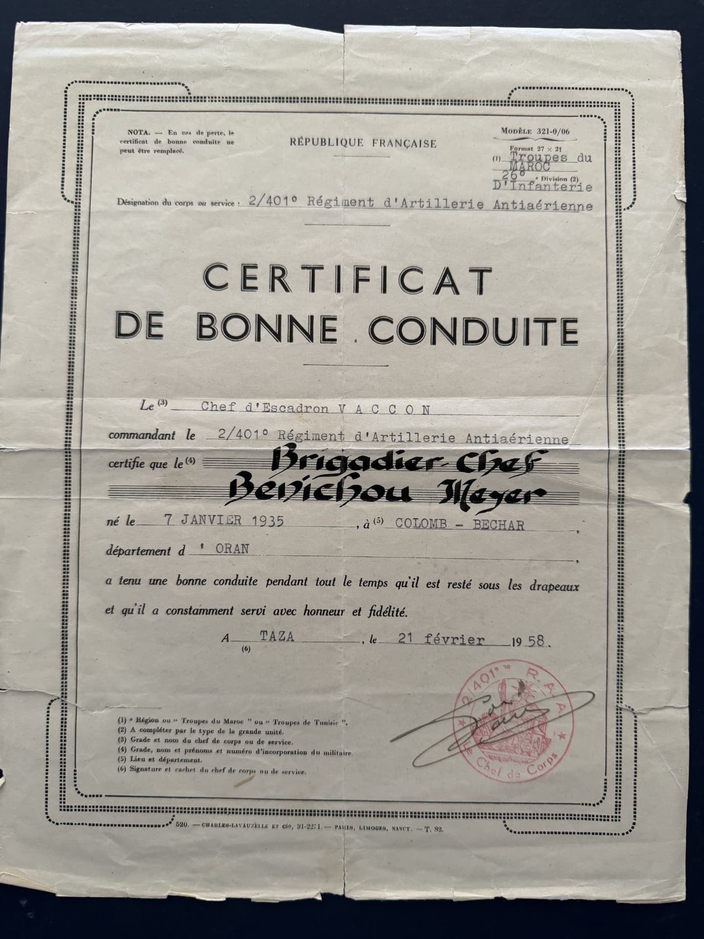 Certificate of good conduct from the French army, awarded to Meir (Benichou) at the end of his service — Taza, Morocco, February 21, 1958.