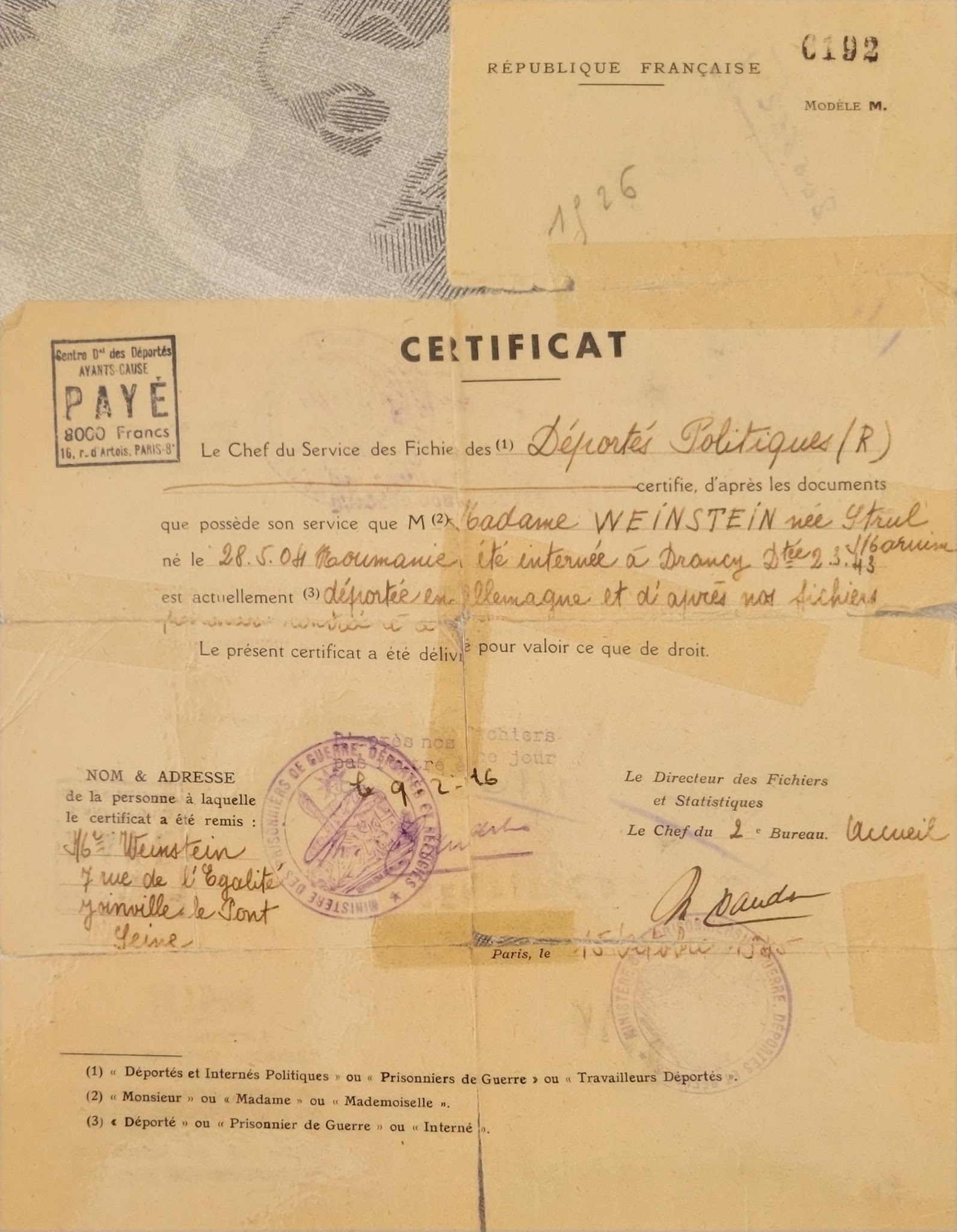 Miriam Weinstein identity certificate