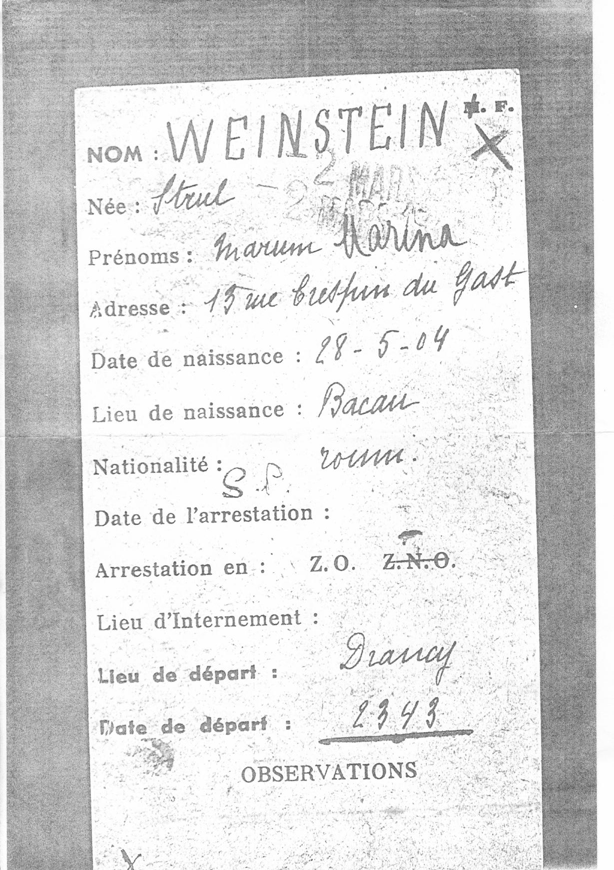 Drancy deportation card — Miriam Weinstein